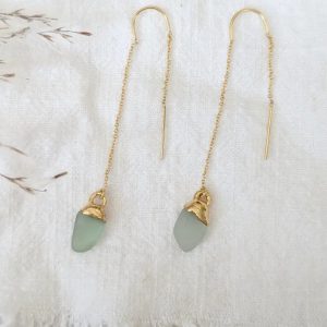 14k Gold Dipped Aqua Seaglass Threader Earrings